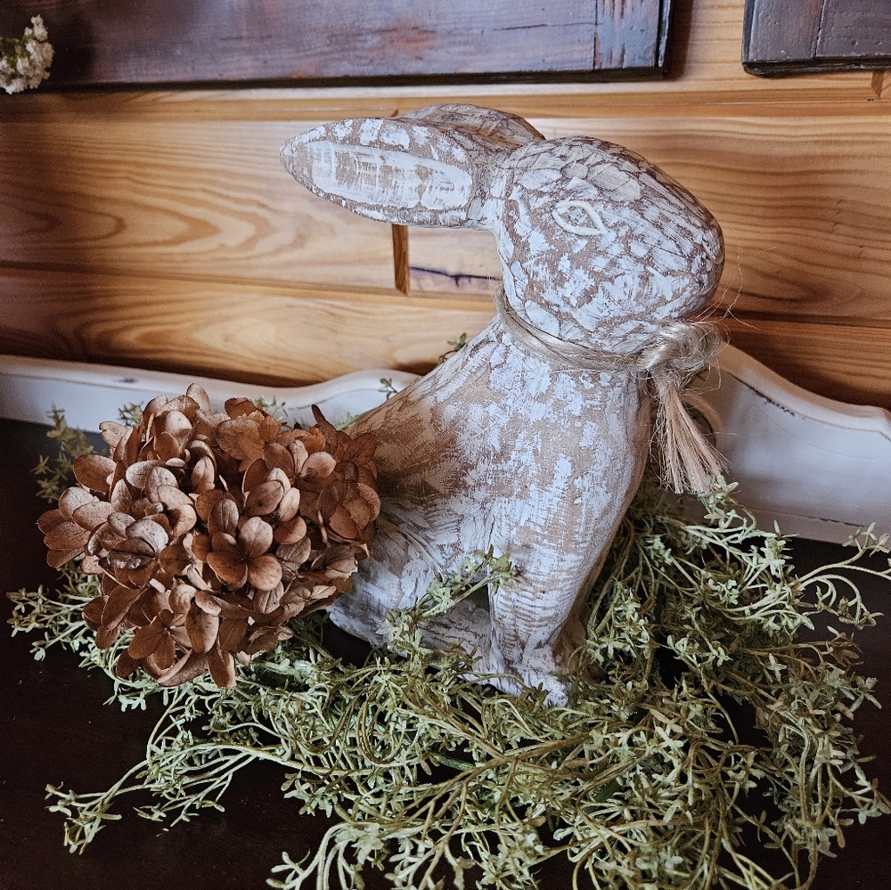 Rustic Wood Brown and Cream Rabbit Figurine For Easter